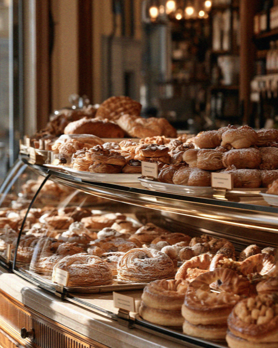 A pasticceria case full of pastries in Bergamo