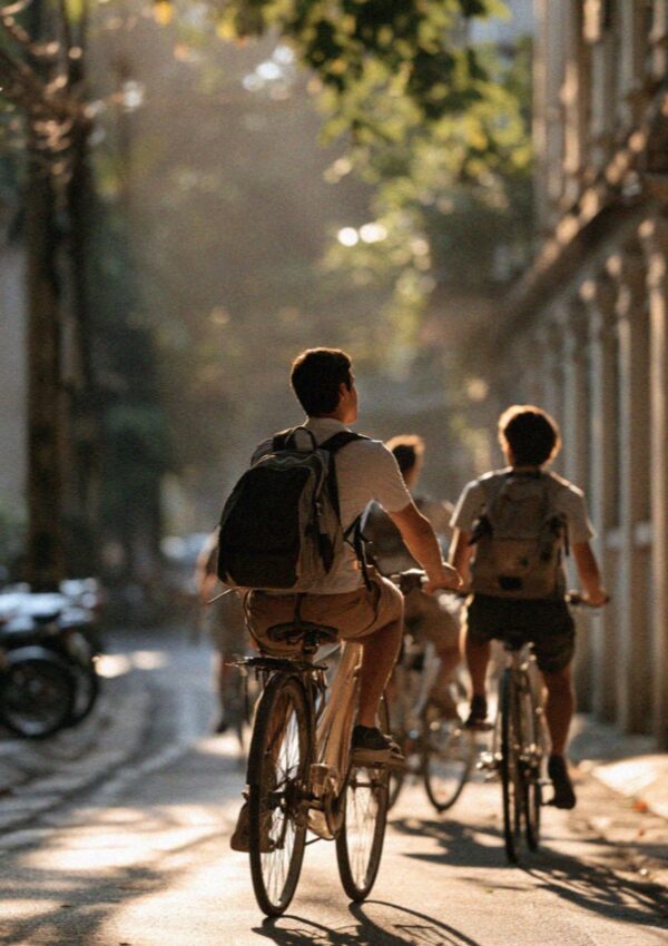 Cyclists riding down a Bologna street in the morning