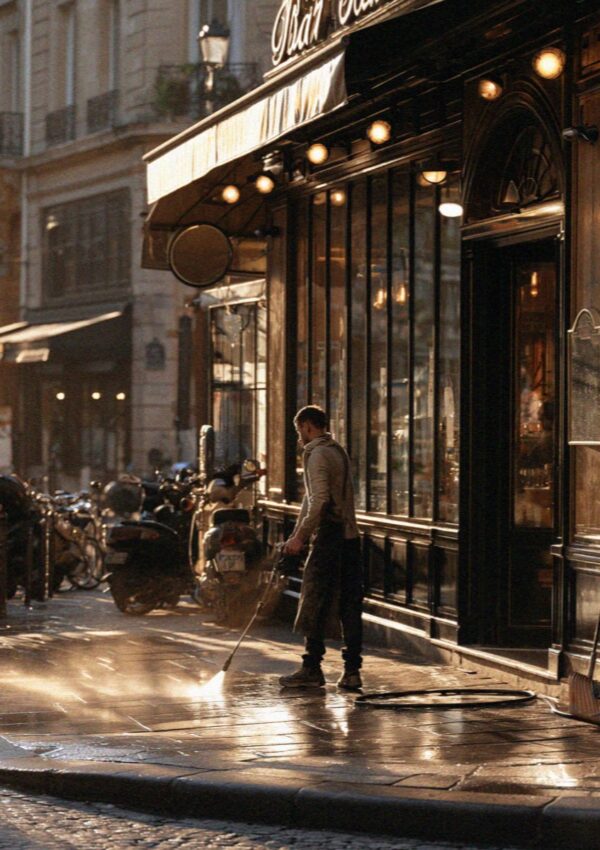 A lit Bologna street with shopfronts glowing