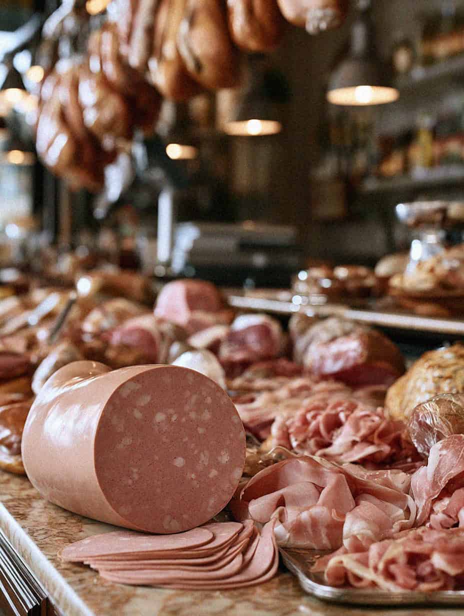 Mortadella at a Bologna salumeria