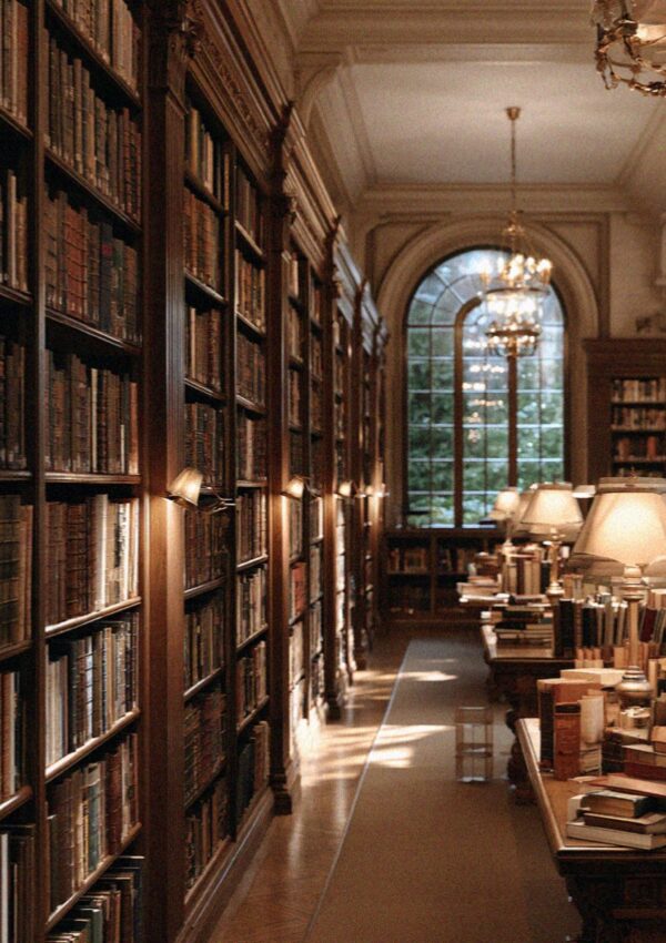 The shelves of an old library reading room in Bologna