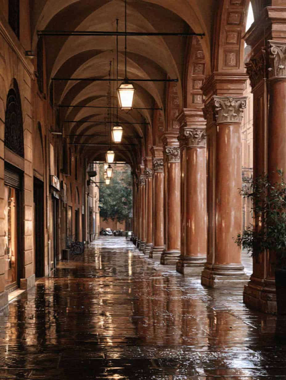 A Bologna portico in autumn rain