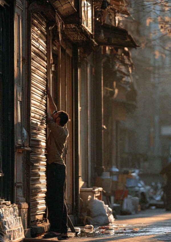 A shuttered shopfront on a Bologna street early in the morning