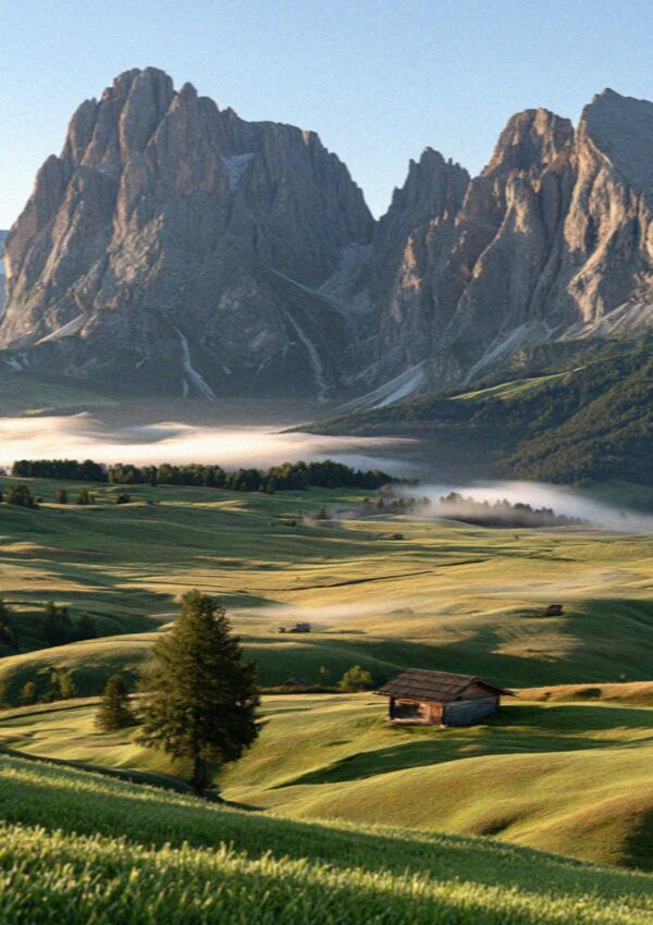 The rolling meadows of the Alpe di Siusi below the Sassolungo, Dolomites