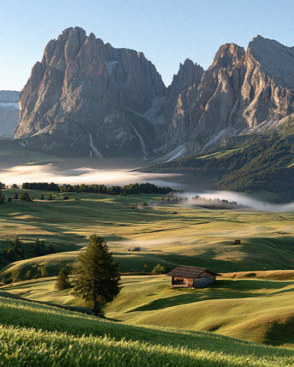 The rolling meadows of the Alpe di Siusi below the Sassolungo, Dolomites