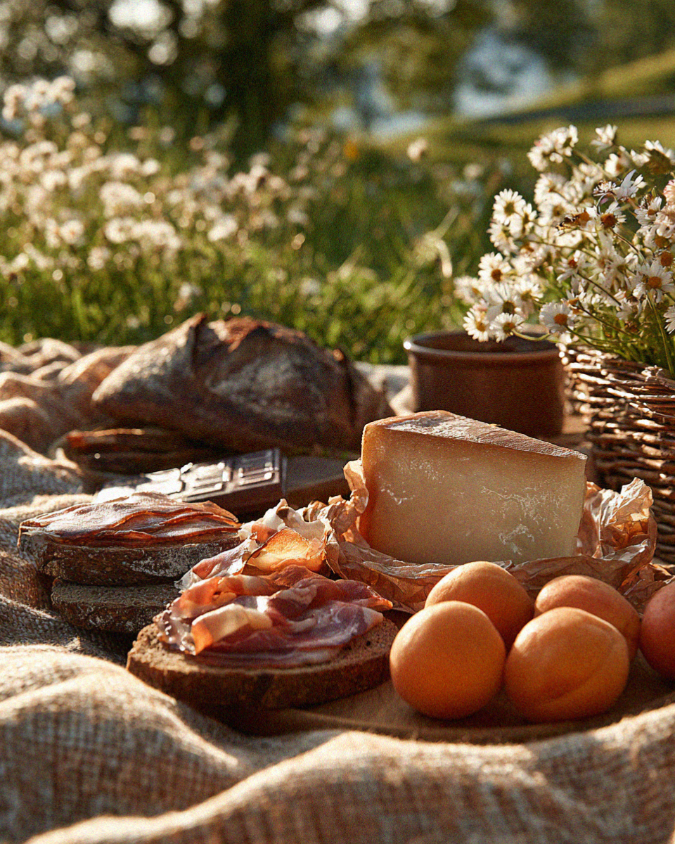 A mountain picnic of bread, speck, cheese and apricots in a Dolomites meadow