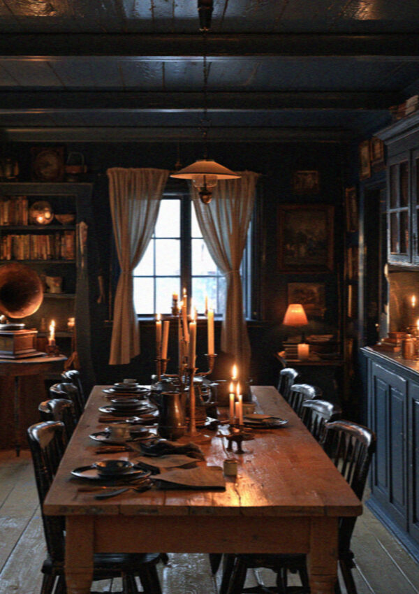 A blue South Tyrolean dining room with a candlelit table and phonograph in the Dolomites