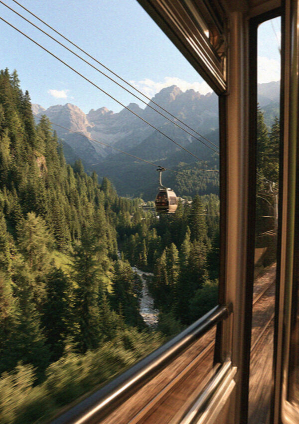 The view from a cable car window in the Dolomites