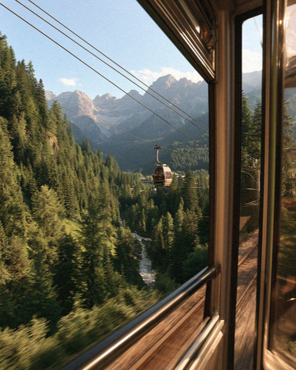 The view from a cable car window in the Dolomites