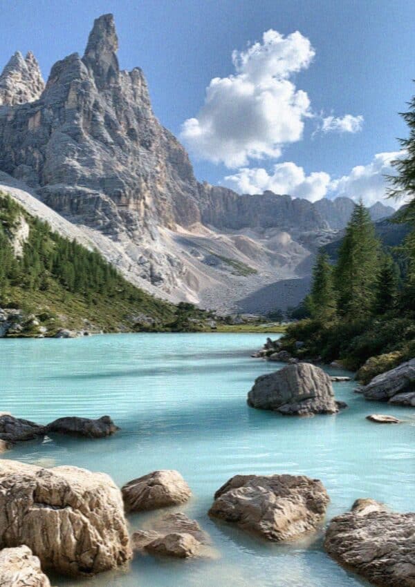 The milky turquoise water of Lago di Sorapis below the Sorapis massif