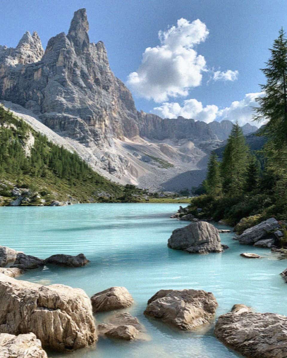 The milky turquoise water of Lago di Sorapis below the Sorapis massif