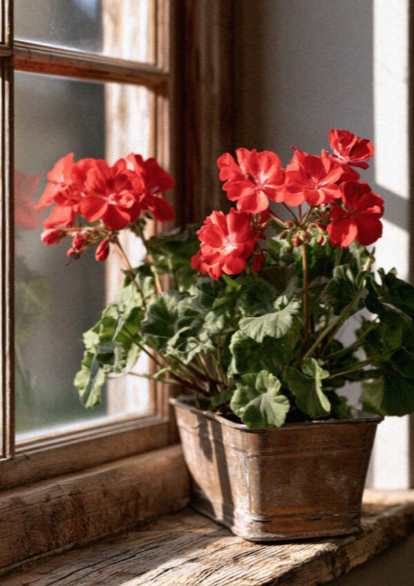 Red geraniums on a maso windowsill in the Dolomites