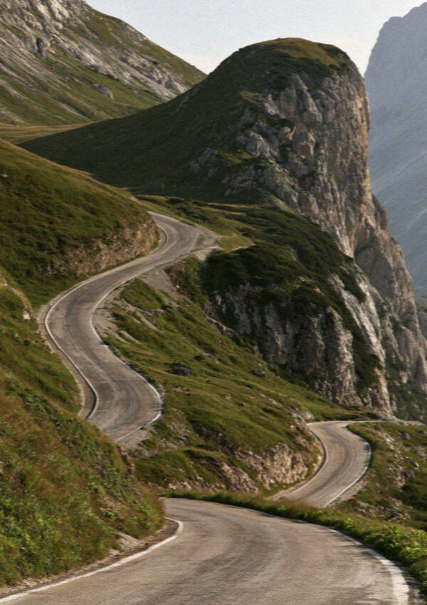 The hairpin bends of a high pass road in the Dolomites