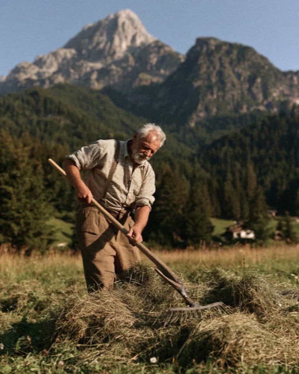 An older Ladin farmer turning hay in an alpine meadow, Dolomites
