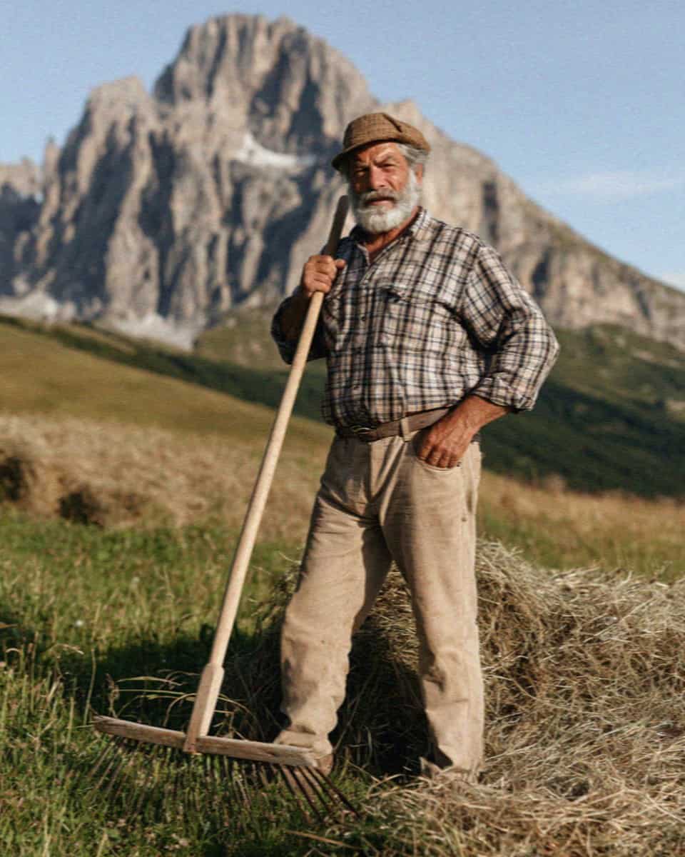 A bearded Ladin farmer with a wooden rake in an alpine meadow, Dolomites
