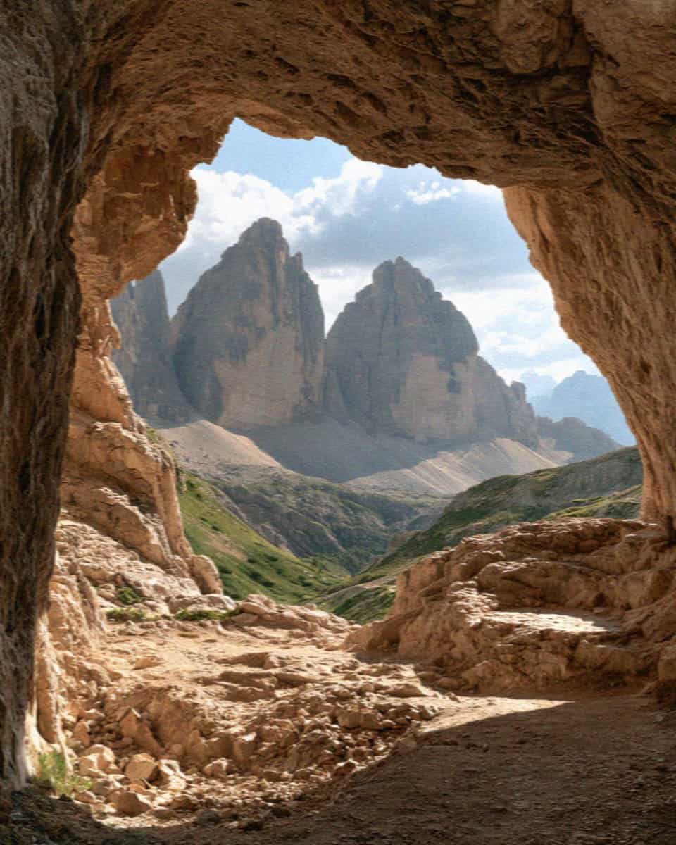 A rock window in the WWI galleries of Mount Lagazuoi framing the Dolomite peaks