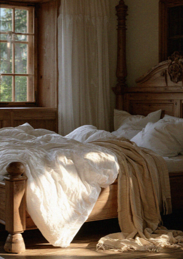 A carved wooden bed with white linen in a South Tyrolean maso in the Dolomites