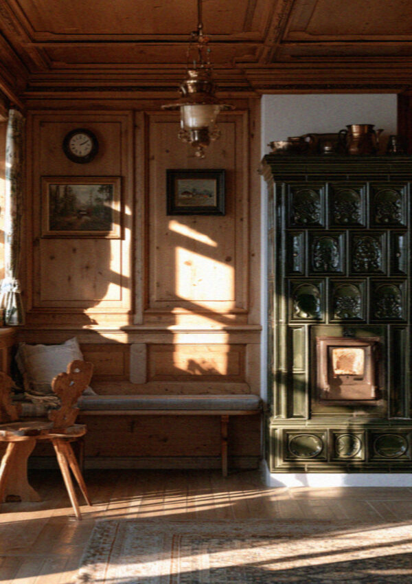 A wood-panelled maso hallway in the Dolomites