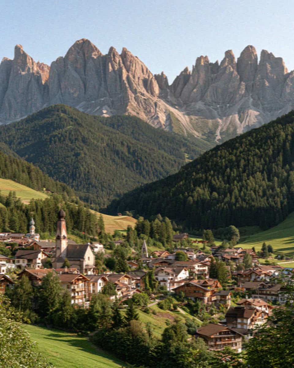 The pastel town of Ortisei and its church tower below the Odle peaks in Val Gardena, Dolomites