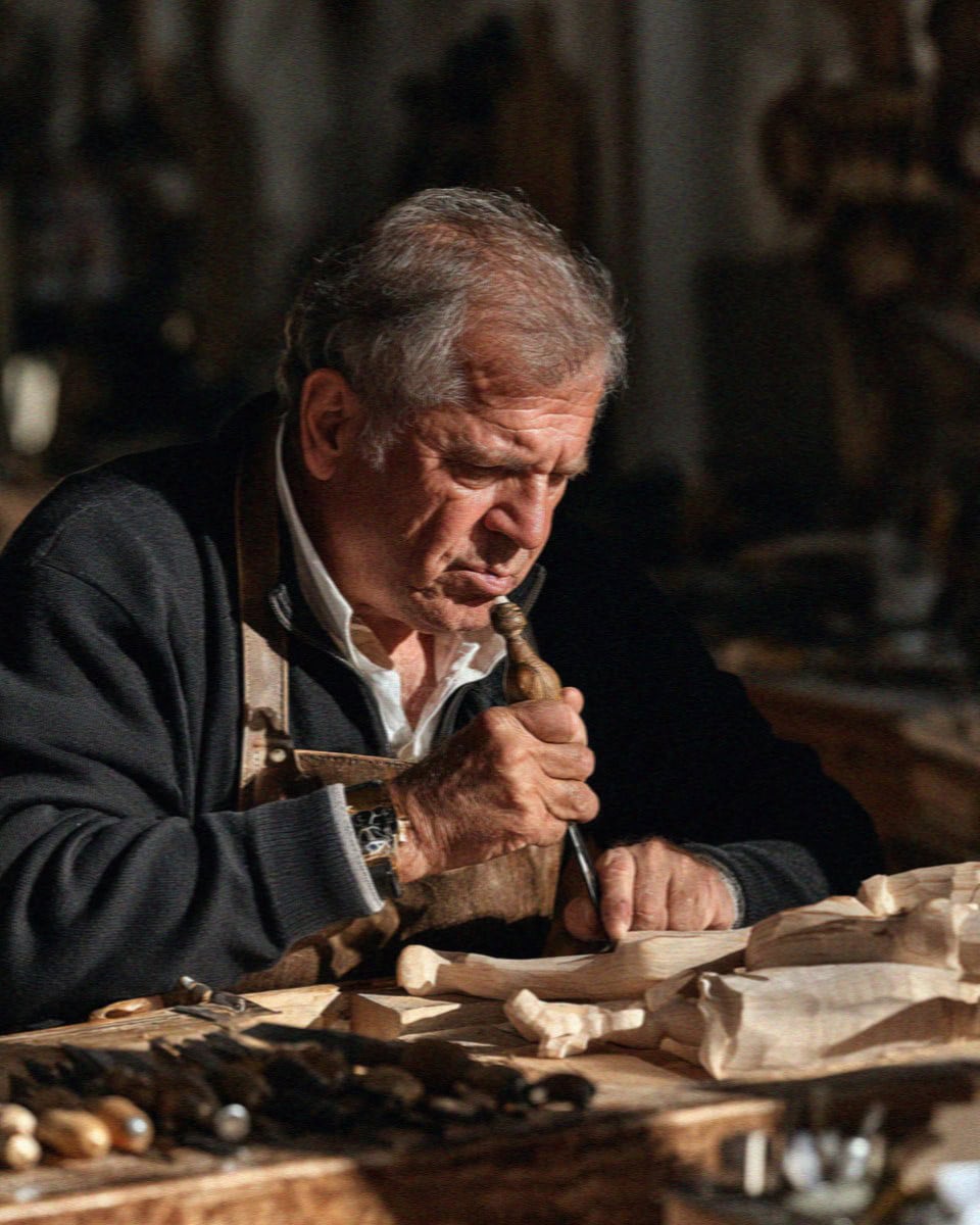 A woodcarver at his bench in Ortisei, Val Gardena, Dolomites