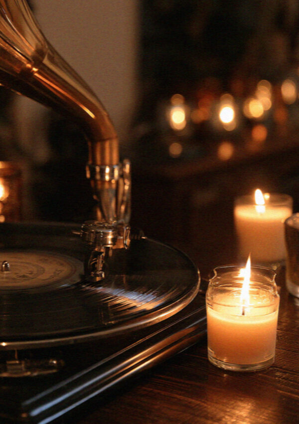 A horn phonograph by candlelight in a maso in the Dolomites