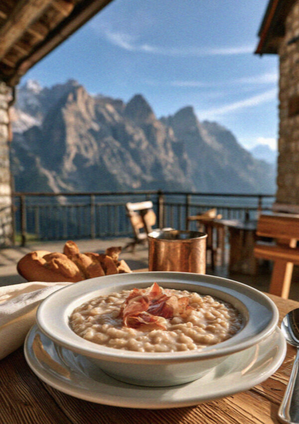 A bowl of barley soup and speck on a rifugio table in the Dolomites