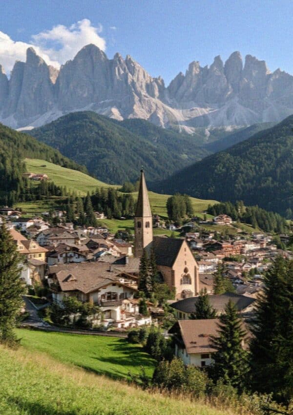 The village church of Santa Maddalena below the Odle peaks, Val di Funes