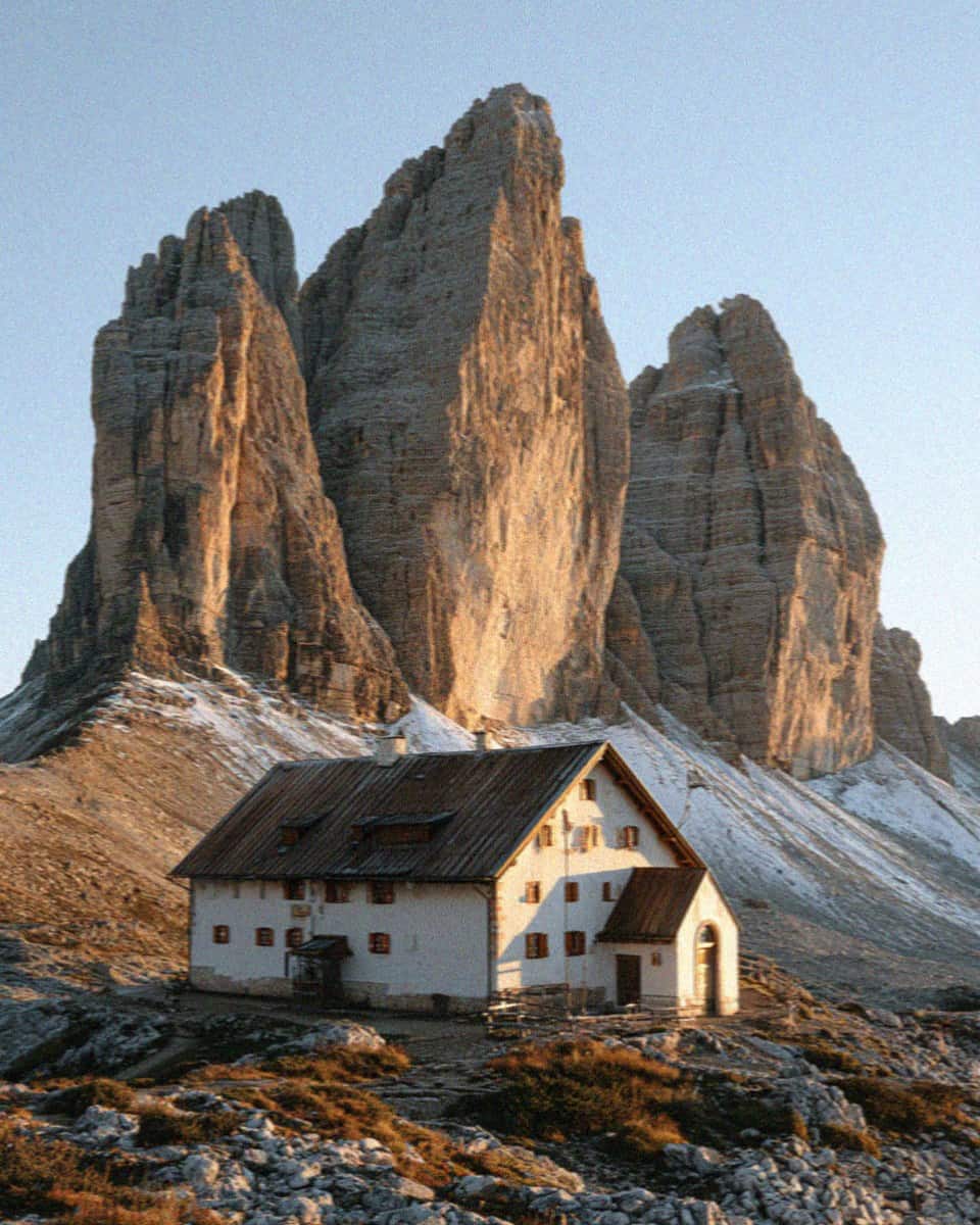 The three rock towers of the Tre Cime di Lavaredo in the Dolomites