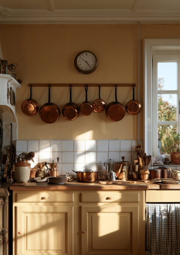 A sunlit yellow maso kitchen with copper pans in the Dolomites