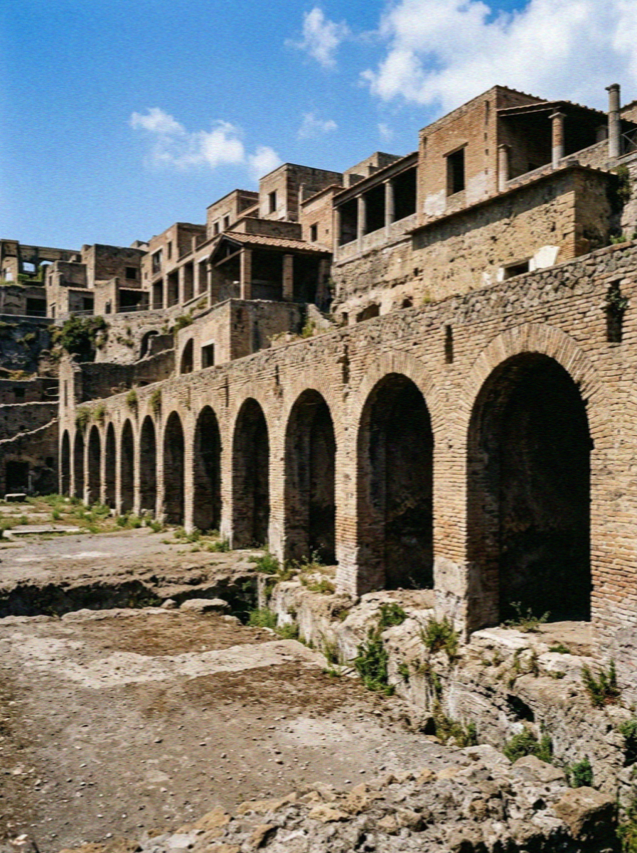 A long row of empty stone arched boat chambers along the ancient buried shoreline at Herculaneum, the excavated town rising behind them