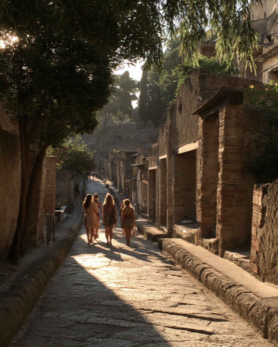 A handful of visitors walking a quiet preserved lane between tall house walls in Herculaneum in warm afternoon light