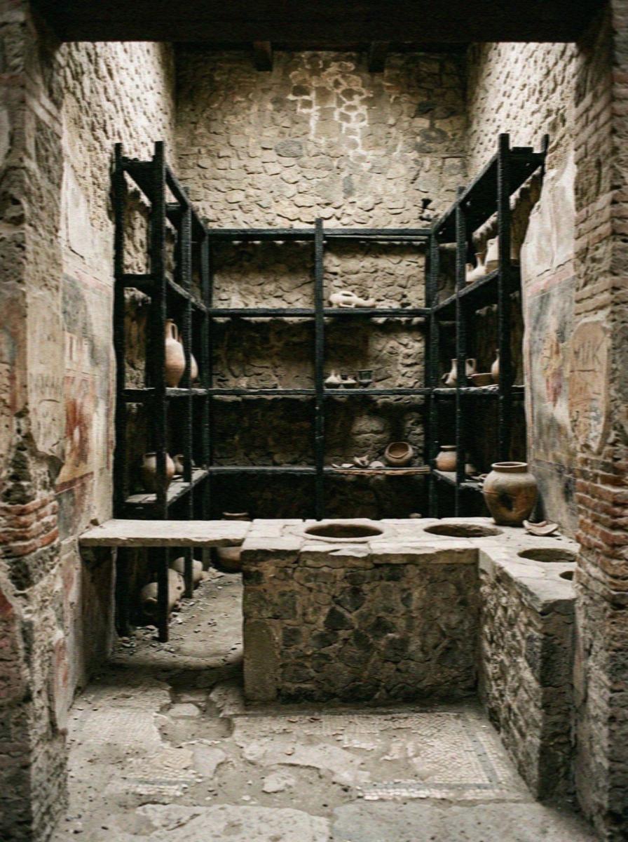 A preserved Roman shop interior in Herculaneum with original blackened carbonised wooden shelving, amphorae and a stone counter still in place