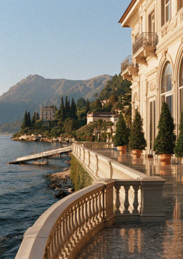 The balustraded terrace of a grand hotel above Lake Como