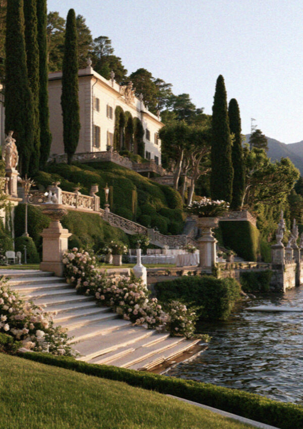 The formal terraced garden of a villa above Lake Como