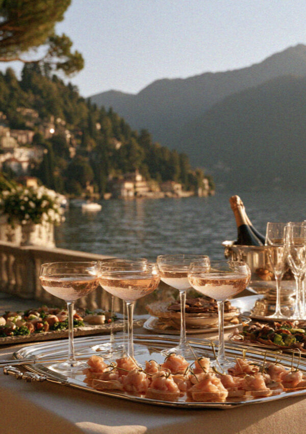 Champagne coupes and canapes at a wedding aperitivo on Lake Como