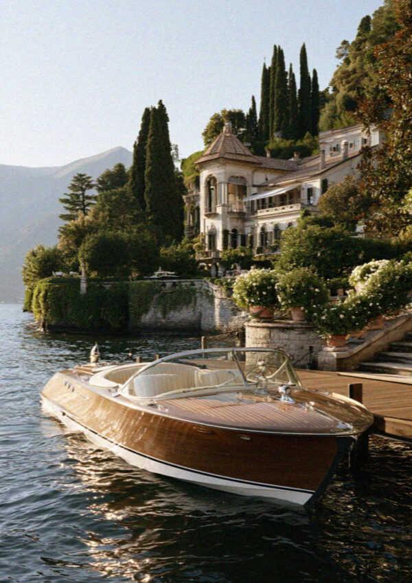 Detail of a classic wooden Riva boat moored on Lake Como