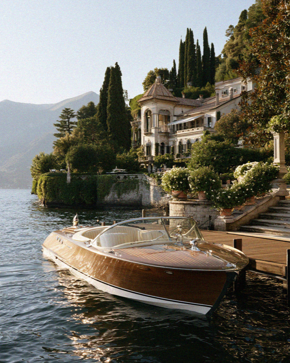 Detail of a classic wooden Riva boat moored on Lake Como