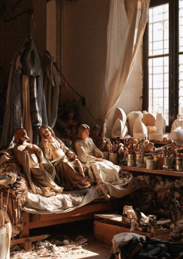 Unfinished papier mache saint figures in a cartapesta workshop in Lecce