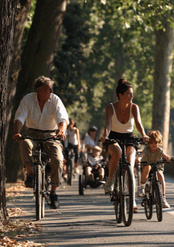 Local cyclists on the tree-lined path atop the walls of Lucca
