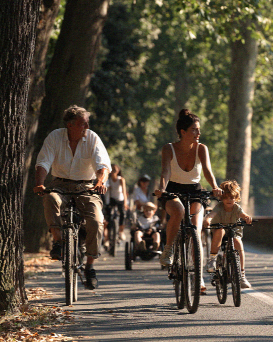 Local cyclists on the tree-lined path atop the walls of Lucca