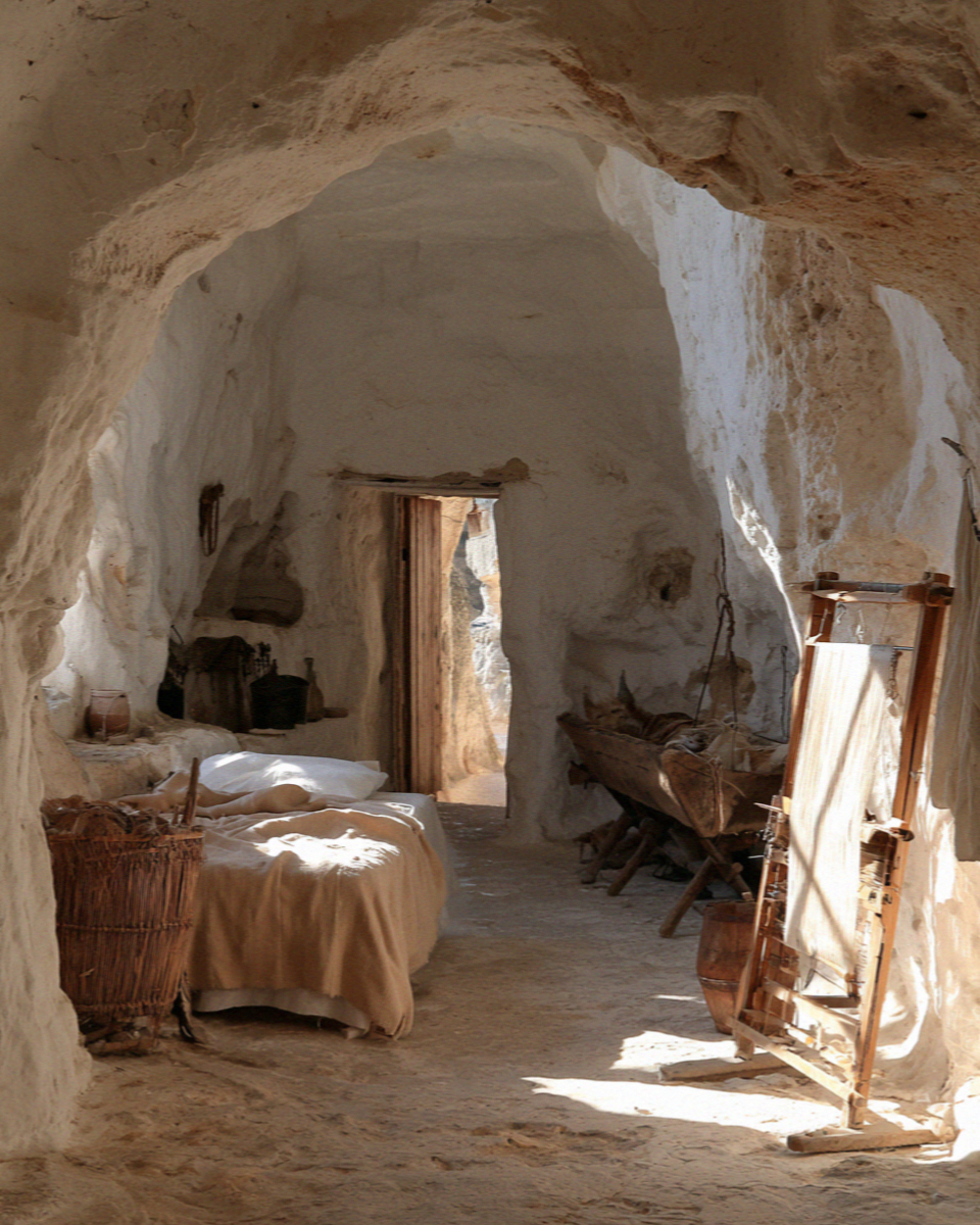 A furnished one-room cave dwelling in Matera, with the animal stall along one wall