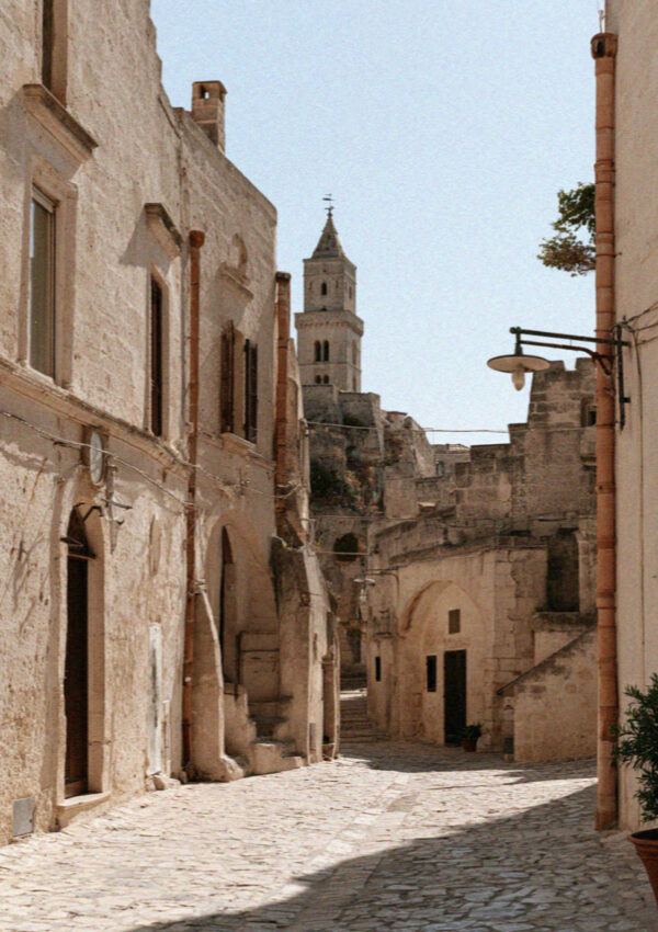 Matera at midday in high summer, bleached stone and no shade