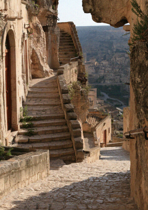 The stone stairs between cave houses in Matera, with no road access