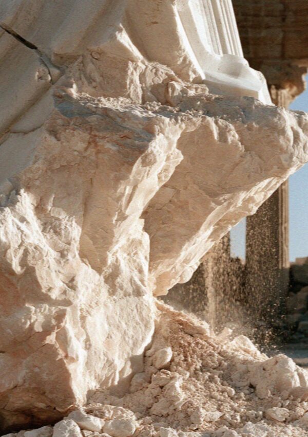 A carved block of pale Candoglia marble in Milan