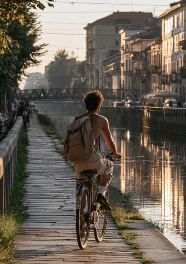 A cyclist on a Milan canal towpath at dusk