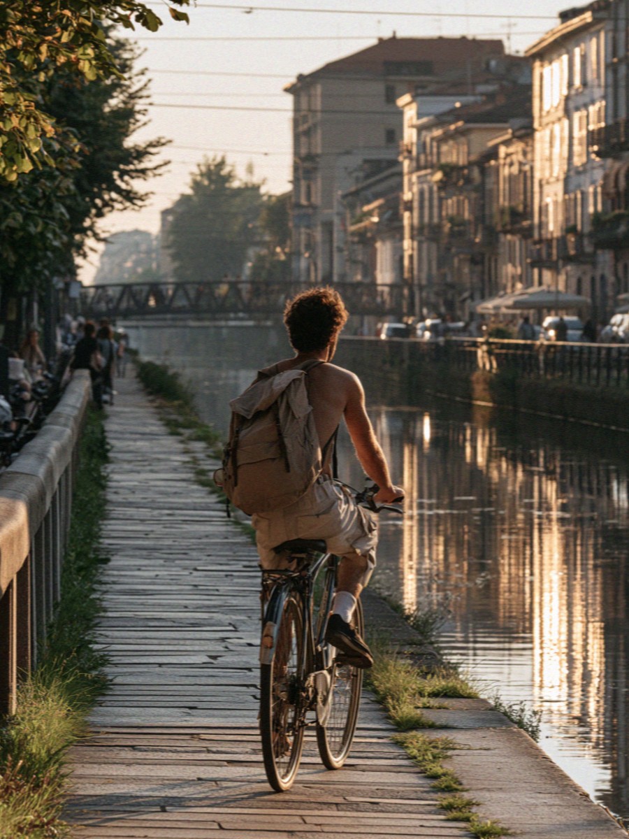 A cyclist on a Milan canal towpath at dusk