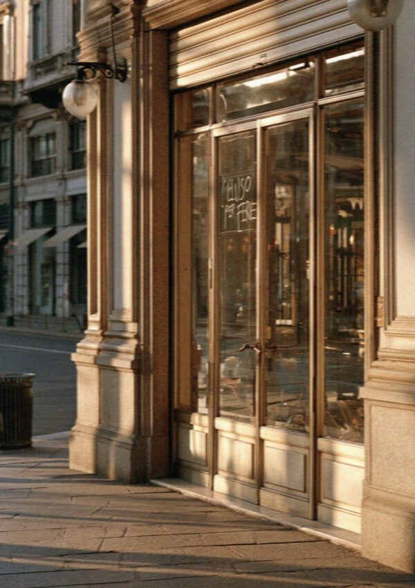 A lit Milan shopfront in the evening