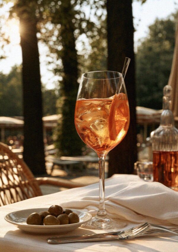 An aperitivo on the long table at a villa outside Milan at dusk