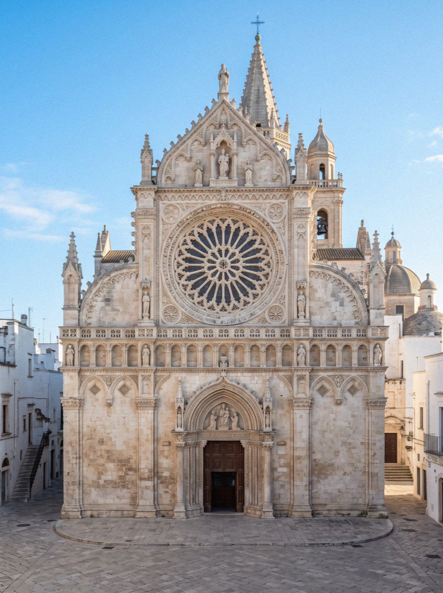 The pale limestone facade and large carved rose window of Ostuni Cathedral in Puglia