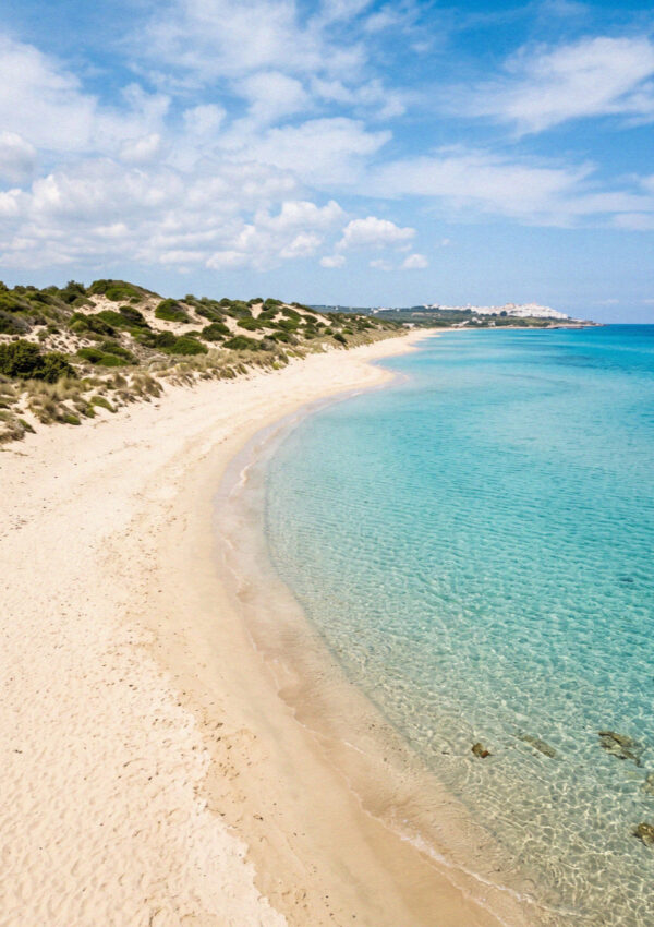 A wide sandy beach backed by dunes meeting clear turquoise water on the coast near Ostuni